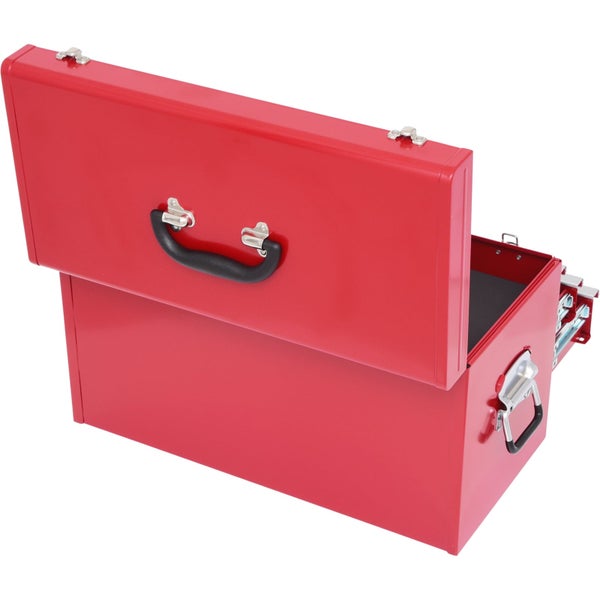 Roter Werkzeugkoffer aus Metall mit offenem Deckel, Tragegriff oben und seitlichen Tragegriffen.