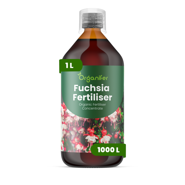 Organifer Fuchsien-Dünger, organisches Düngerkonzentrat, 1 Liter Flasche mit Dosierkappe.