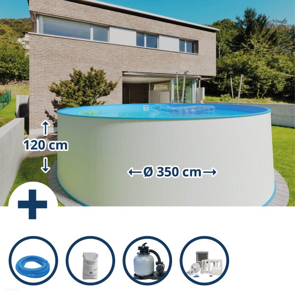 Rundpool mit den Maßen 350 cm Durchmesser und 120 cm Höhe sowie Zubehör