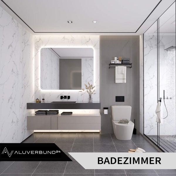 Modernes Badezimmer mit Waschbecken, Spiegel, Toilette und Dusche