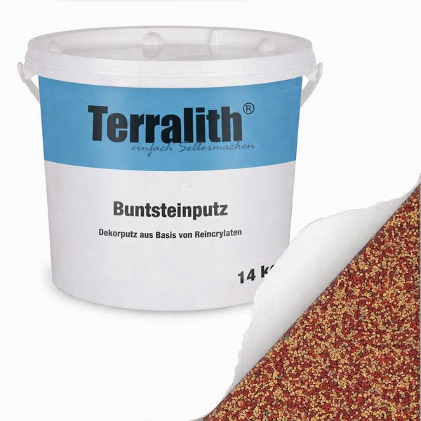 Terralith Buntsteinputz auf Reinacrylatbasis im 14 Kilogramm Eimer mit einer Strukturprobe der bunten Steine.