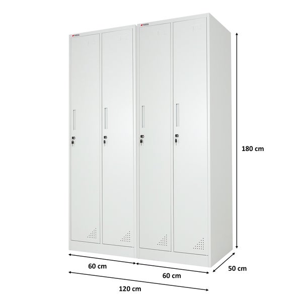 Hellgrauer Metall-Spindschrank mit vier Türen, abschließbar, Maße 180 mal 120 mal 50 Zentimeter, Proregal Logo.