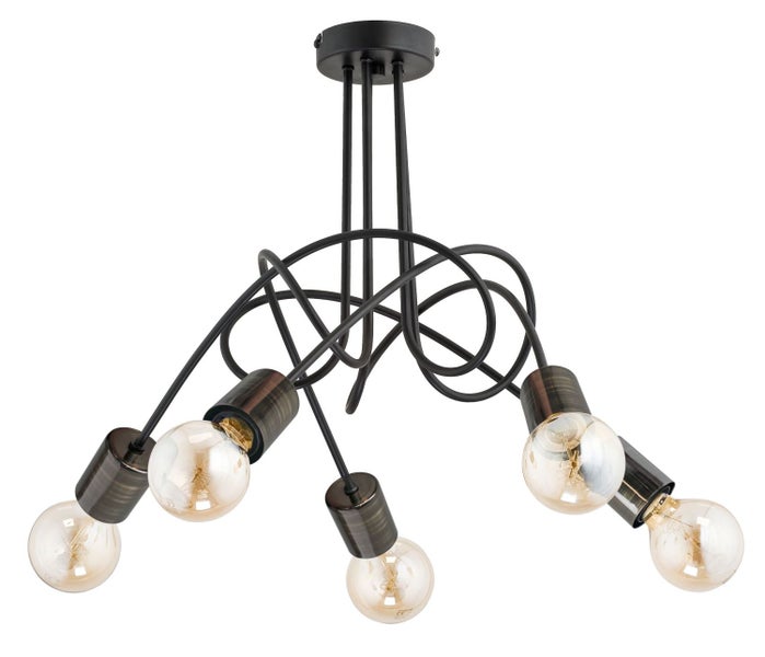 Moderne Deckenleuchte mit fünf Lichtquellen und geschwungenen Metallarmen in rustikaler Optik.
