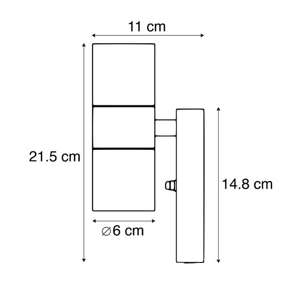 Maßzeichnung einer Wandleuchte: Gesamthöhe 21,5 Zentimeter, Tiefe 11 Zentimeter, Durchmesser 6 Zentimeter.
