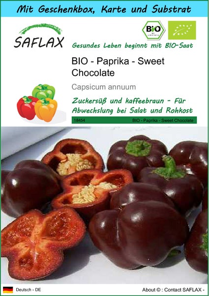 SAFLAX Geschenk Set - BIO - Paprika - Sweet Chocolate - Capsicum annuum - 10 Samen - Mit Geschenkbox, Versandaufkleber, Geschenkkarte und Anzuchtsubstrat