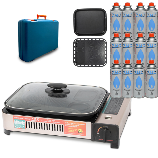 ZMC 2-in-1 Gaskocher und Gasgrill + 12 Gaskartuschen 227g, inkl. Grillplatte, Pfanne, Glasdeckel und Koffer, Campingkocher für innen- und Außenbereich, Tischgrill mit Piezo-Zündung