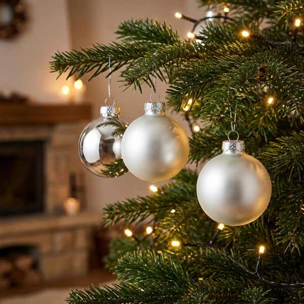 Weihnachtsbaumschmuck aus glänzenden und matten Kugeln an einem geschmückten Tannenbaum mit Lichterkette vor einem Kamin.