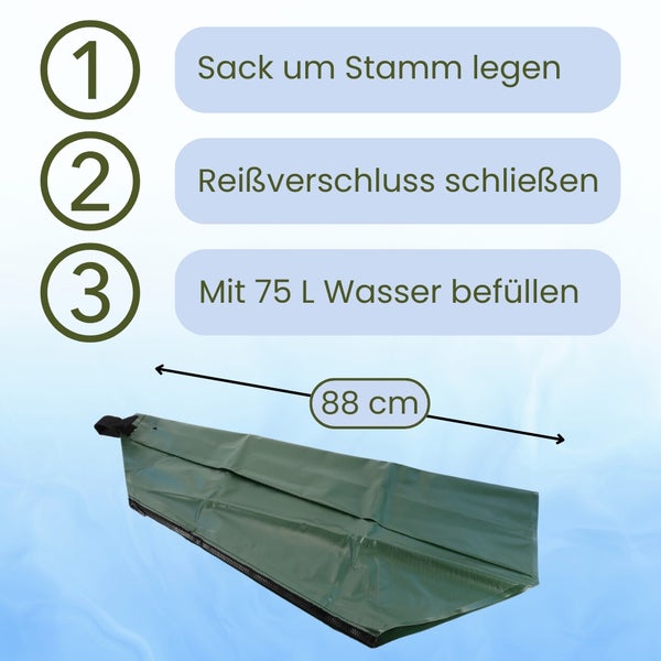 Anleitung zur Verwendung eines Bewässerungssacks: Sack um den Stamm legen, Reißverschluss schließen, mit 75 Liter Wasser befüllen, Größe 88 Zentimeter