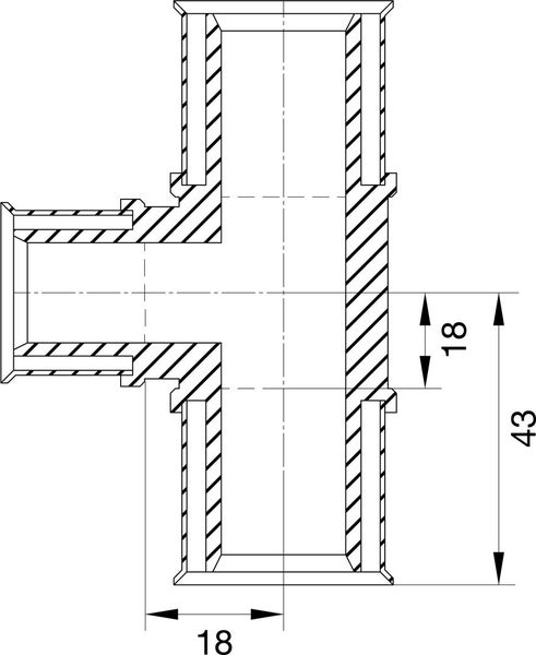 Technische Zeichnung eines T-Stücks mit den Maßen 18 und 43 Millimeter.