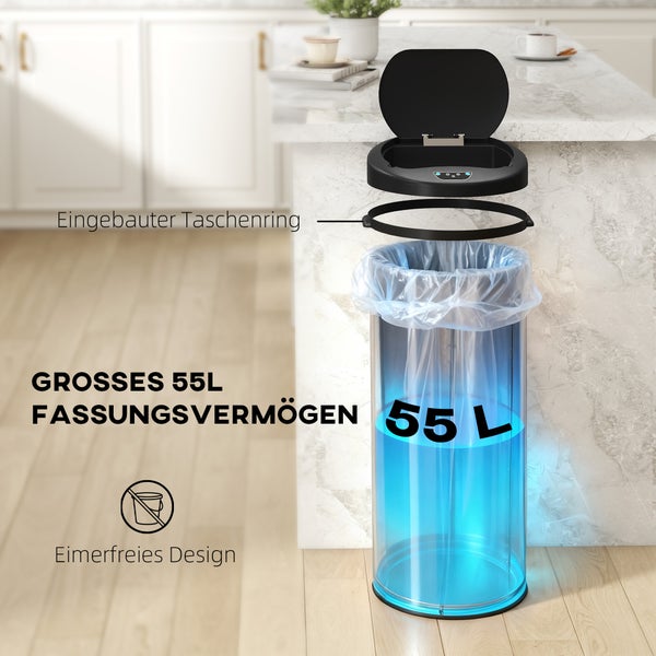 Sensor Abfallbehälter mit 55 Liter Volumen, eimerfreies Design mit integriertem Beutelring in einer hellen Küche.