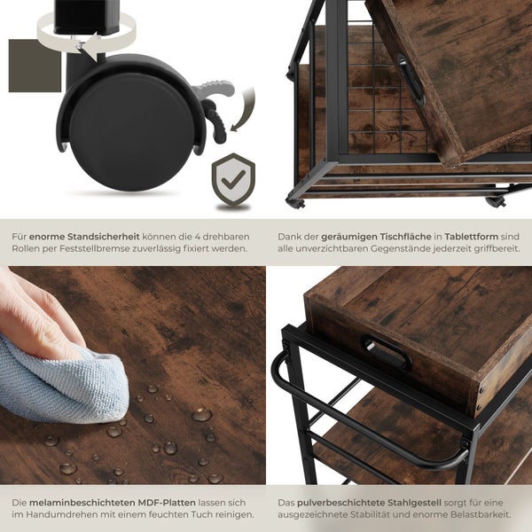 Detailansichten eines Servierwagens mit Rollen, Feststellbremsen, abnehmbarem Tablett und Melaminbeschichtung