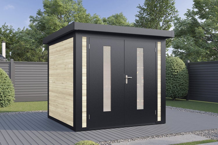 Modernes Gartenhaus mit Flachdach, Materialmix aus Holz und dunklen Metallelementen sowie Doppeltür mit Glaseinsätzen im Garten.