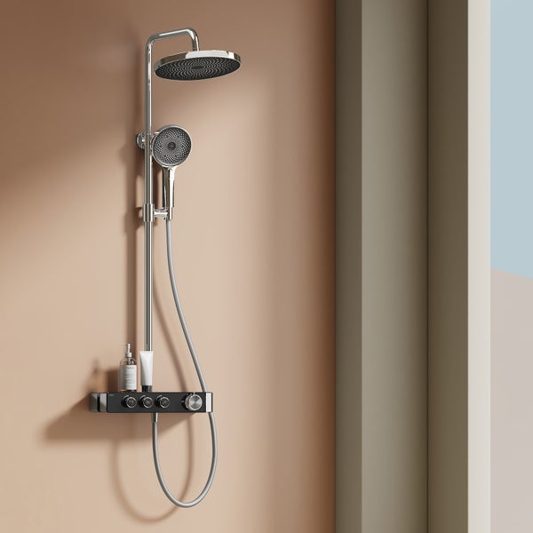 EMKE Duschsystem mit Thermostat, Chrom, 36×24 cm Regendusche & Handbrause mit 3 Strahlarten, höhenverstellbare 1100 mm Brausestange, 355 mm Auslauf, 1,5 m Schlauch, Duscharmatur