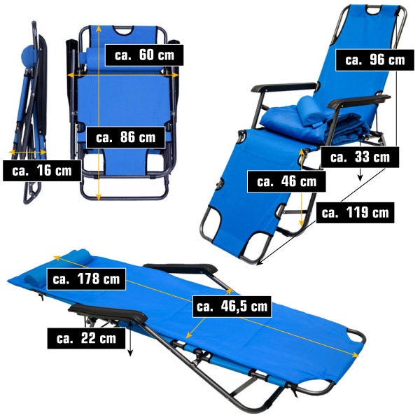 Campingstuhl Liegestuhl Freizeitliege Sonnenliege Strandliege Campingliege Klappliege Liege incl. Auflage 178cm Blau