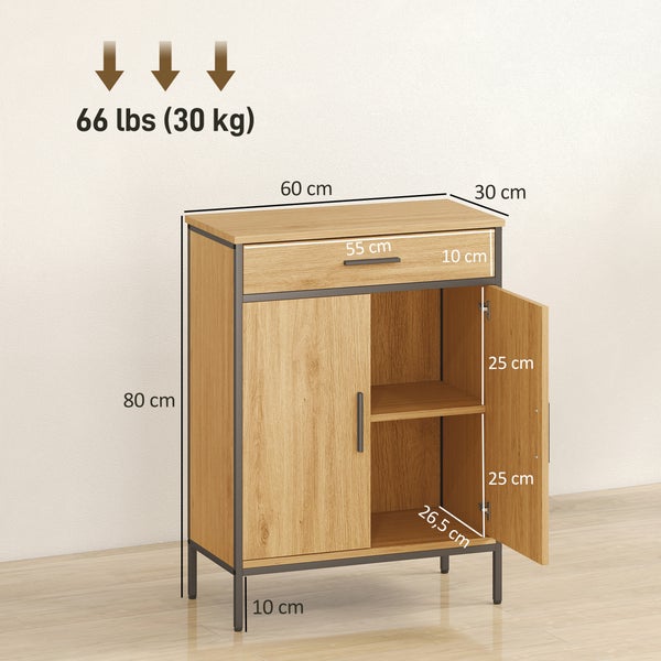 Sideboard in Eichenoptik mit Metallrahmen, Schublade und Türen. Maße 60 mal 80 mal 30 Zentimeter. Traglast oben bis zu 30 Kilogramm.