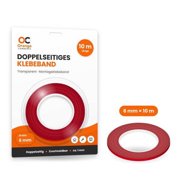 Transparentes, doppelseitiges Montageklebeband von Orange Commerce, 6 Millimeter breit und 10 Meter lang, auf einer Blisterkarte verpackt.