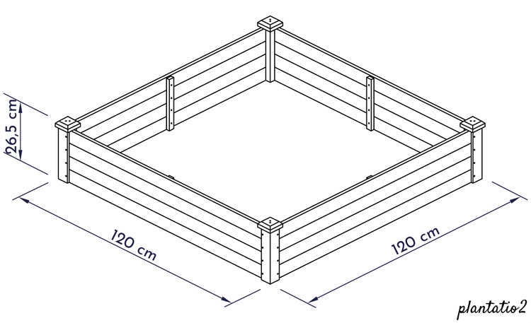 Abbildung eines Hochbeets mit den Maßen 120 cm Länge, 120 cm Breite und 26,5 cm Höhe.
