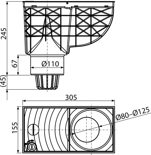 Technische Zeichnung eines Regensinkkastens mit Maßangaben in Millimeter. Seitenansicht und Draufsicht.