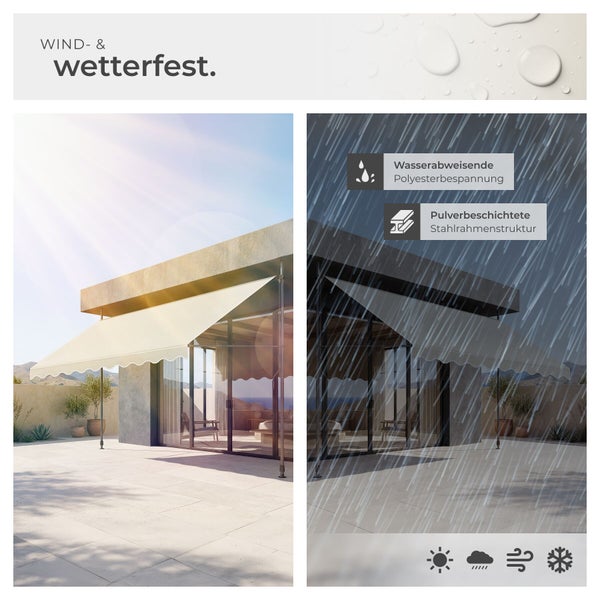 Wetterfeste Gelenkarmmarkise mit wasserabweisender Polyesterbespannung und pulverbeschichtetem Stahlrahmen auf einer Terrasse.