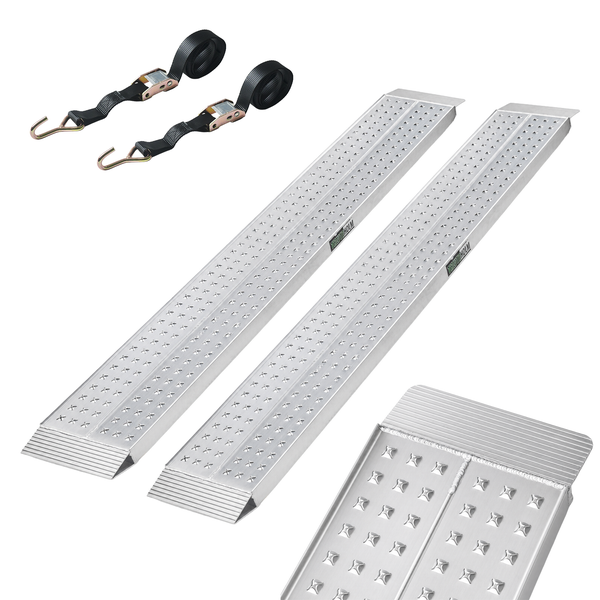 Zwei Auffahrrampen aus Aluminium mit rutschhemmender Oberfläche und zwei schwarzen Spanngurten von Trutzholm.