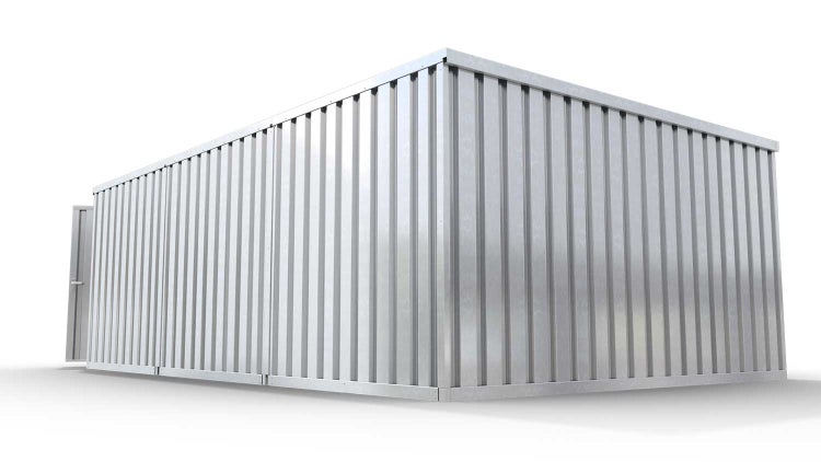 Lagercontainer Gerätehaus M3  – 18 qm, H2150 x B3050 x T6520 mm, verzinkt, mit Holzfußboden, 1830 mm Doppelflügeltür mittig in Stirnseite, zerlegt