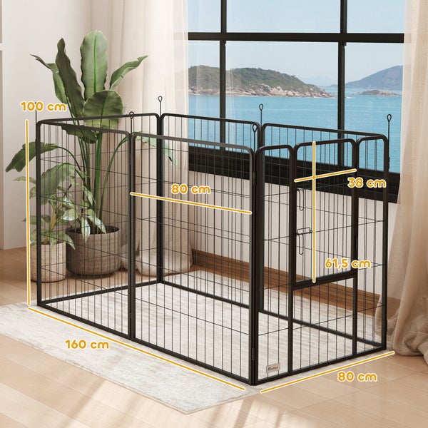 PawHut Welpenauslauf 100 cm Hoch, 6-TLG. Hundelaufstall DIY Welpenlaufstall mit Tür, Freilaufgehege für kleine, mittelgroße und große Hunde, Stahl, Schwarz