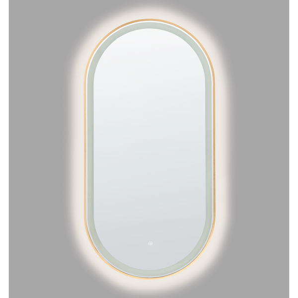 Ovaler Badezimmerspiegel mit integrierter LED-Beleuchtung, Holzrahmen und Touch-Sensor.