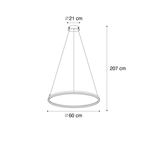 Technische Zeichnung einer Hängeleuchte mit den Maßen: Durchmesser Lampenschirm 60 cm, Durchmesser Deckenhalterung 21 cm, Höhe 207 cm.