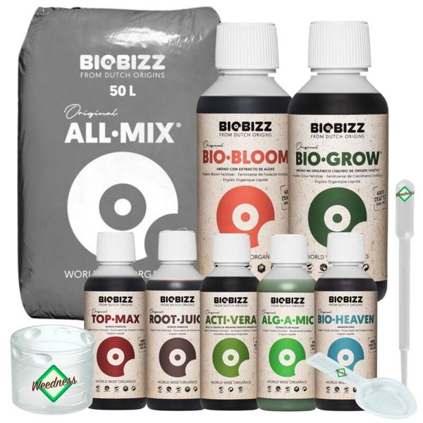 Biobizz Starterset mit 50 Litern All-Mix Erde, Flaschen mit flüssigem Biodünger und Zusätzen, einem Glas, einem Messlöffel und einer Pipette.