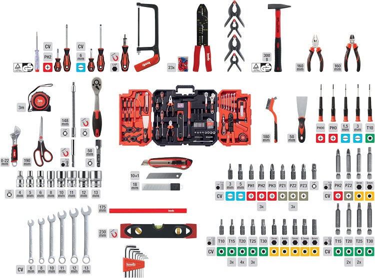 kwb Werkzeugkoffer, 125-teilige Werkzeug-Set, stabiler Kunststoff-Koffer, mit Tragegriff zum Transportieren und Aufhängen, hochwertiger Werkzeugsatz, ideal für Werkstatt und Haushalt
