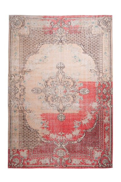 Rechteckiger Teppich in Creme und Rot mit orientalischem Muster, zentralem Medaillon und ornamentaler Bordüre im Vintage-Stil.