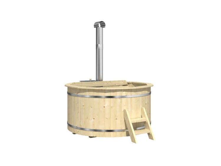 Holzbadewanne mit Leiter und Ofenrohr