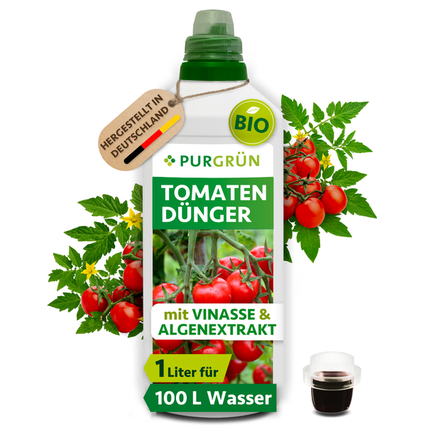 Purgrün Tomatendünger mit Vinasse und Algenextrakt, 1 Liter Flasche, organischer Flüssigdünger für Tomaten, hergestellt in Deutschland.