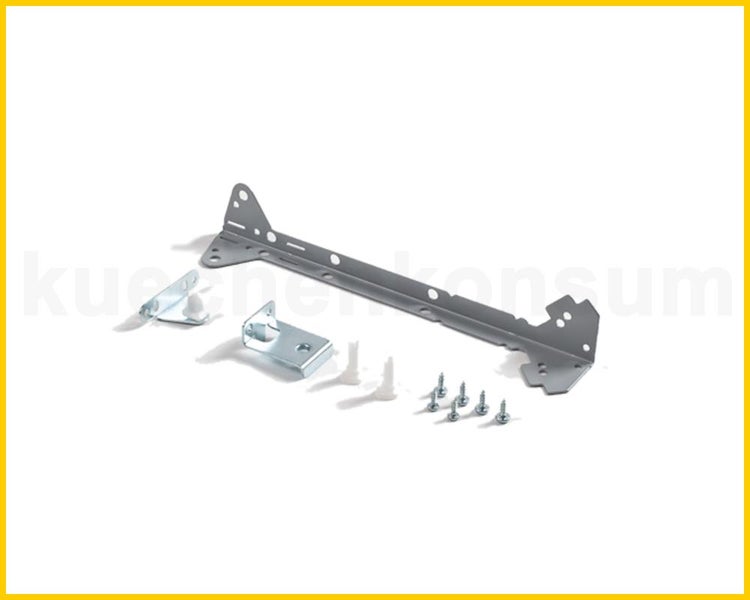 Montageschienen-Set aus Metall für Hängeschränke mit Befestigungswinkeln, Schrauben und Dübeln.