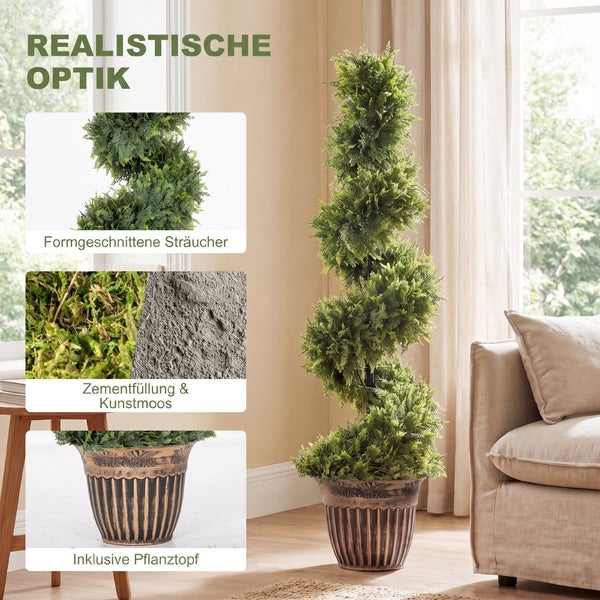 Künstliche Spirale Zypresse mit Pflanztopf Zementfüllung und Kunstmoos für eine realistische Optik als Zimmerpflanze oder Terrassendekoration.