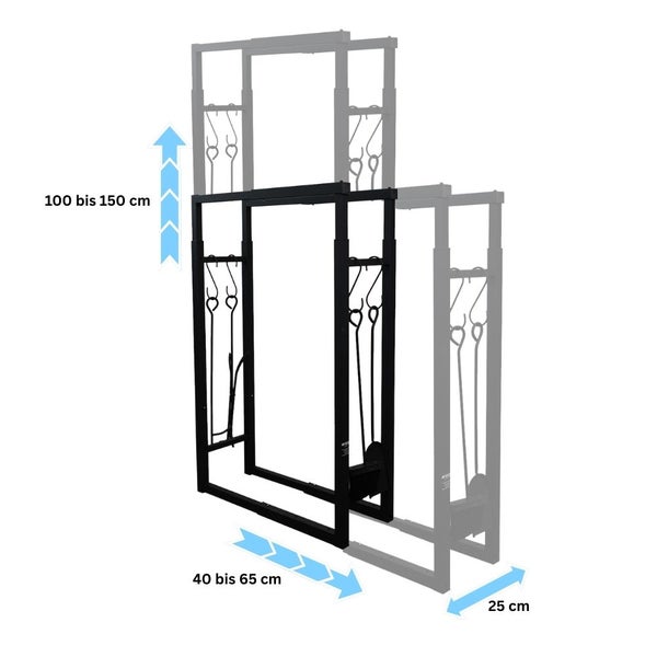 Maße eines Kaminholzregals mit Kaminbesteck, Höhe 100 bis 150 Zentimeter, Breite 40 bis 65 Zentimeter, Tiefe 25 Zentimeter