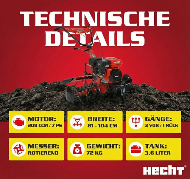 Technische Details einer Motorhacke mit Informationen zu Motor, Breite, Gängen, Messern, Gewicht und Tank