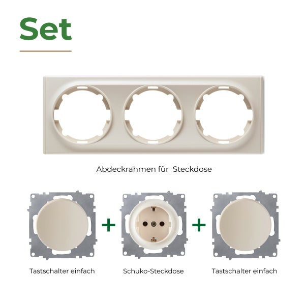 Set bestehend aus dreifachem Abdeckrahmen, zwei Tastschaltern und einer Schuko Steckdose für die Unterputz Montage