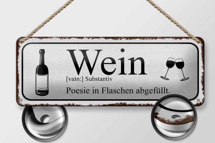 Blechschild Spruch 27x10cm Wein Poesie in Flaschen Dekoration