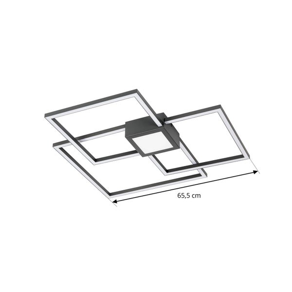 Moderne LED Deckenleuchte in Anthrazit mit drei überlappenden quadratischen Rahmen, Breite 65,5 Zentimeter.