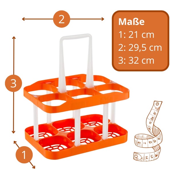 Flaschenträger für 6 Flaschen mit Maßangaben: Tiefe 21 Zentimeter, Breite 29,5 Zentimeter, Höhe 32 Zentimeter.