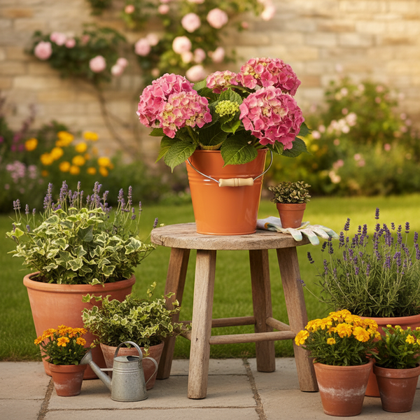 Verschiedene Gartenpflanzen wie Hortensien und Lavendel in Tontöpfen und einem Eimer auf und neben einem Holzhocker in einem sonnigen Garten.