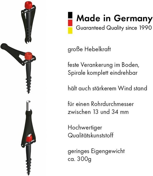 Eindreh-Bodenhülse für Sonnenschirme, Hebel für Verankerung, für Rohrdurchmesser 13 bis 34 Millimeter, Made in Germany, Gewicht circa 300 Gramm.