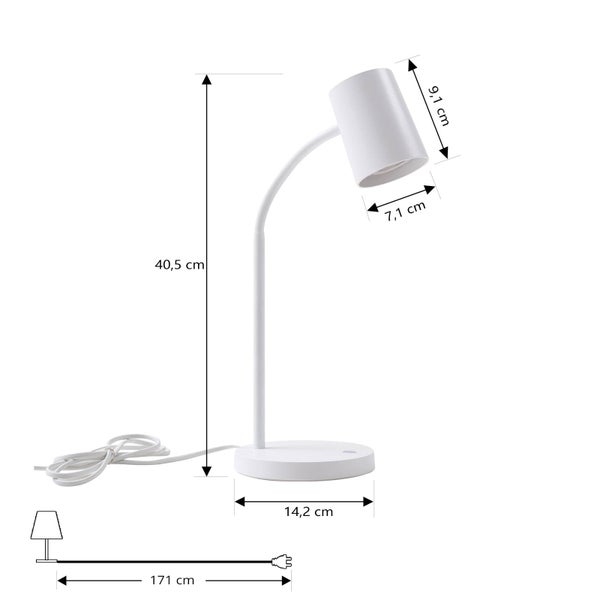 Weiße Schreibtischleuchte mit Maßen: Höhe 40,5 Zentimeter, Fuß 14,2 Zentimeter, Schirm 9,1 mal 7,1 Zentimeter, Kabellänge 171 Zentimeter.