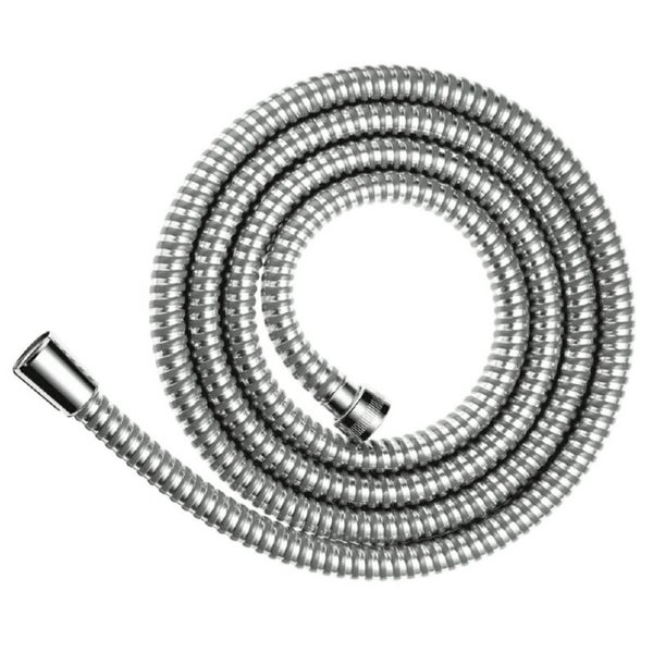 Flexibler Brauseschlauch aus Metall in Spiraloptik mit Standardanschlüssen, chromfarben.