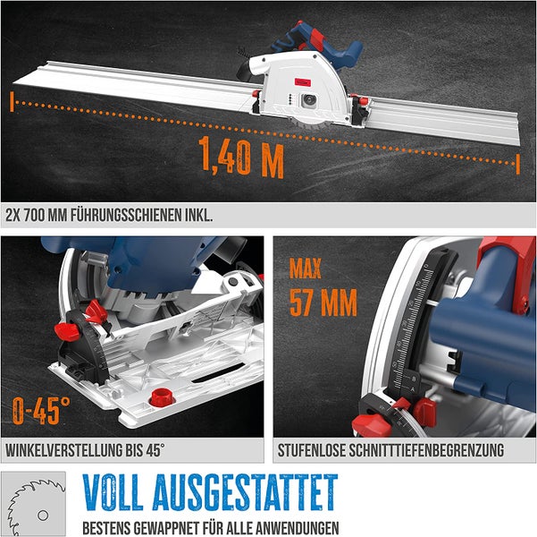 Güde Tauchsäge mit zwei 700 Millimeter Führungsschienen, Winkelverstellung bis 45 Grad und Schnitttiefe bis 57 Millimeter.