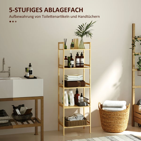 HOMCOM Badregal, Badezimmerregal mit 5 Ebenen, Aufbewahrungsregal aus Bambus, Standregal mit verstellbaren Regalböden für Badezimmer, Wohnzimmer, Küche, 43,5 x 31,5 x 142 cm, Naturholz