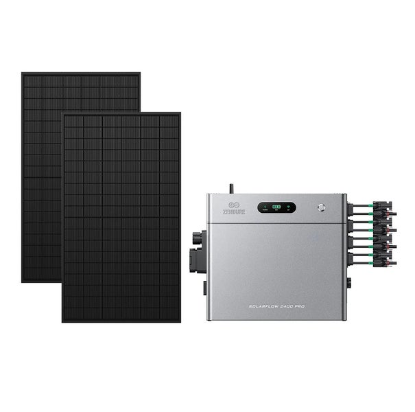 Zendure SolarFlow 2400 Pro Balkonkraftwerk Set mit zwei schwarzen Solarmodulen und einer Steuereinheit.