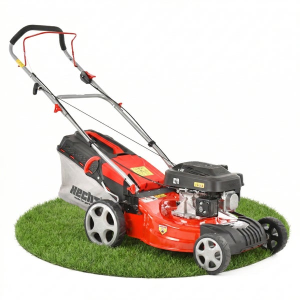 Hecht Benzin-Rasenmäher mit Fangkorb auf einer kreisförmigen Rasenfläche.