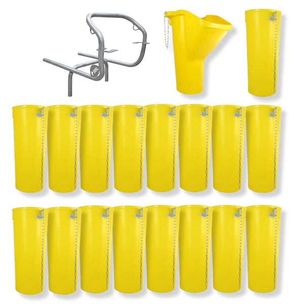 Gelbe Mörtelkübel mit Halterung für Mörtelkübel und Mörtelkastenaufsatz